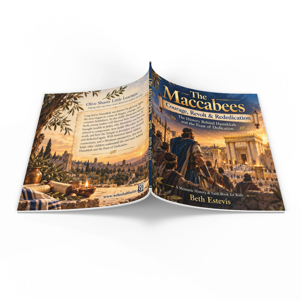 An open book titled "The Maccabees: Courage, Resolve & Rededication" by Beth Estevis, showing illustrated cover pages with a warm historical scene and text panels on a white background.