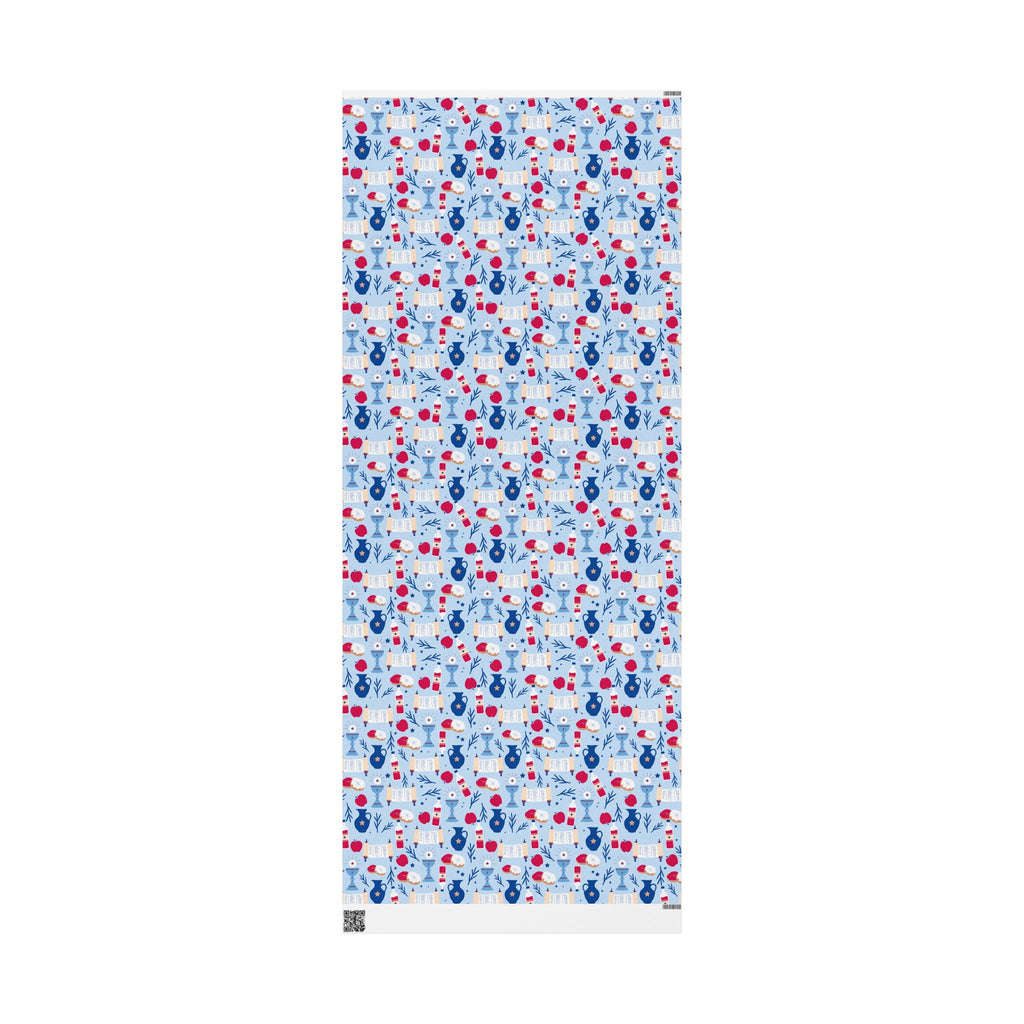 Light Blue Gift Wrap with Torah Scrolls, Challah, Apples | Judaica Wrapping Paper