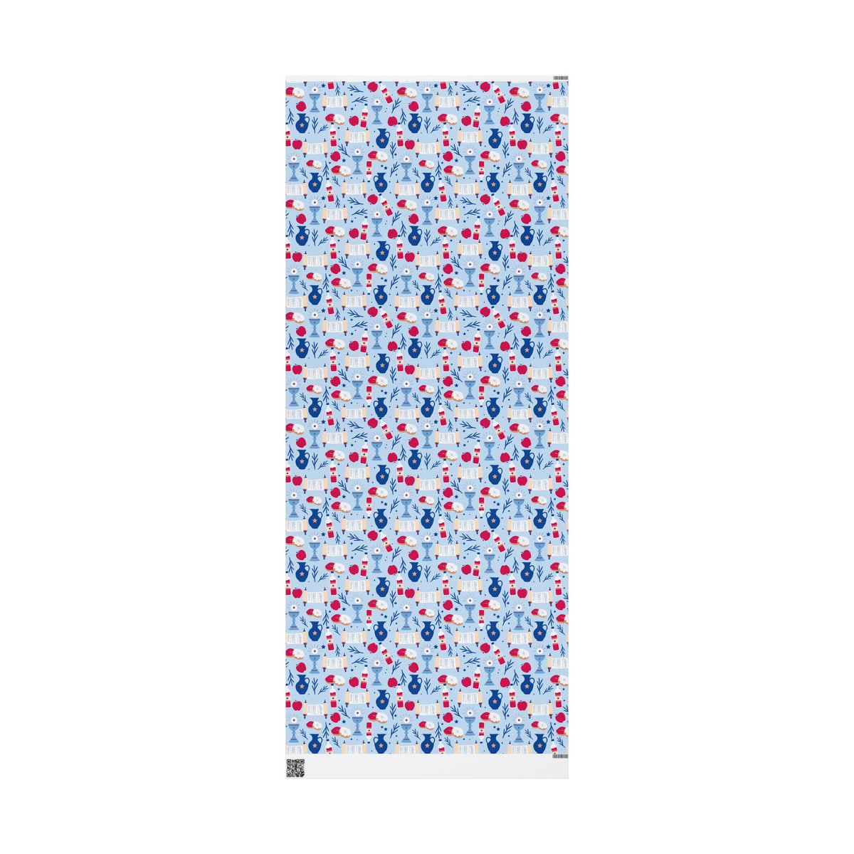 Light Blue Gift Wrap with Torah Scrolls, Challah, Apples | Judaica Wrapping Paper