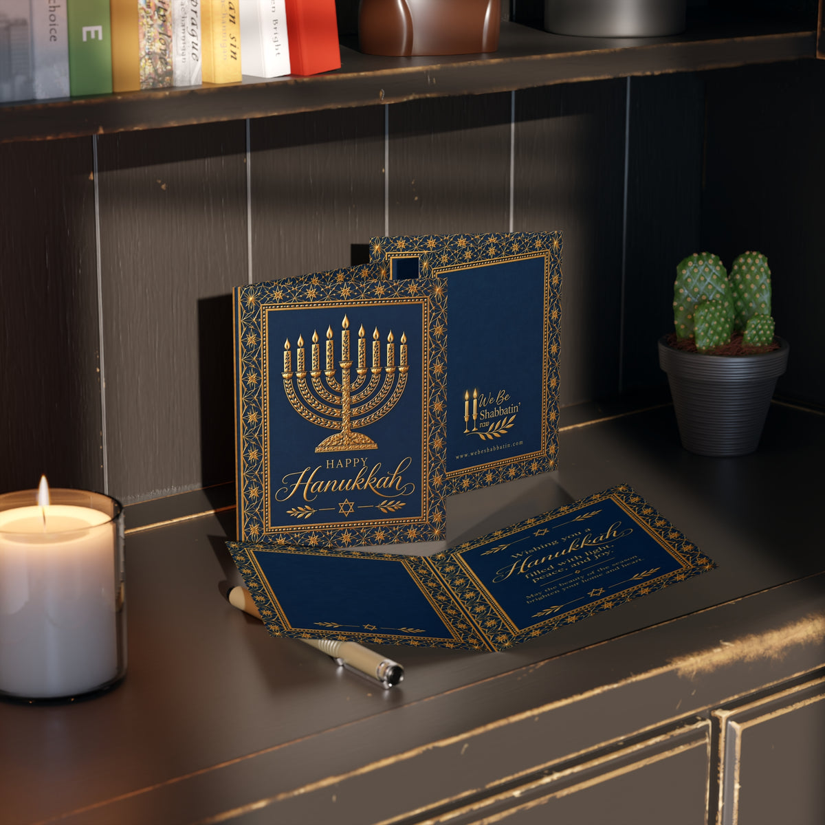 Luxury Hanukkah Card | Navy & Gold Menorah Greeting Card | Festival of Lights (8, 16, and 24 pcs)