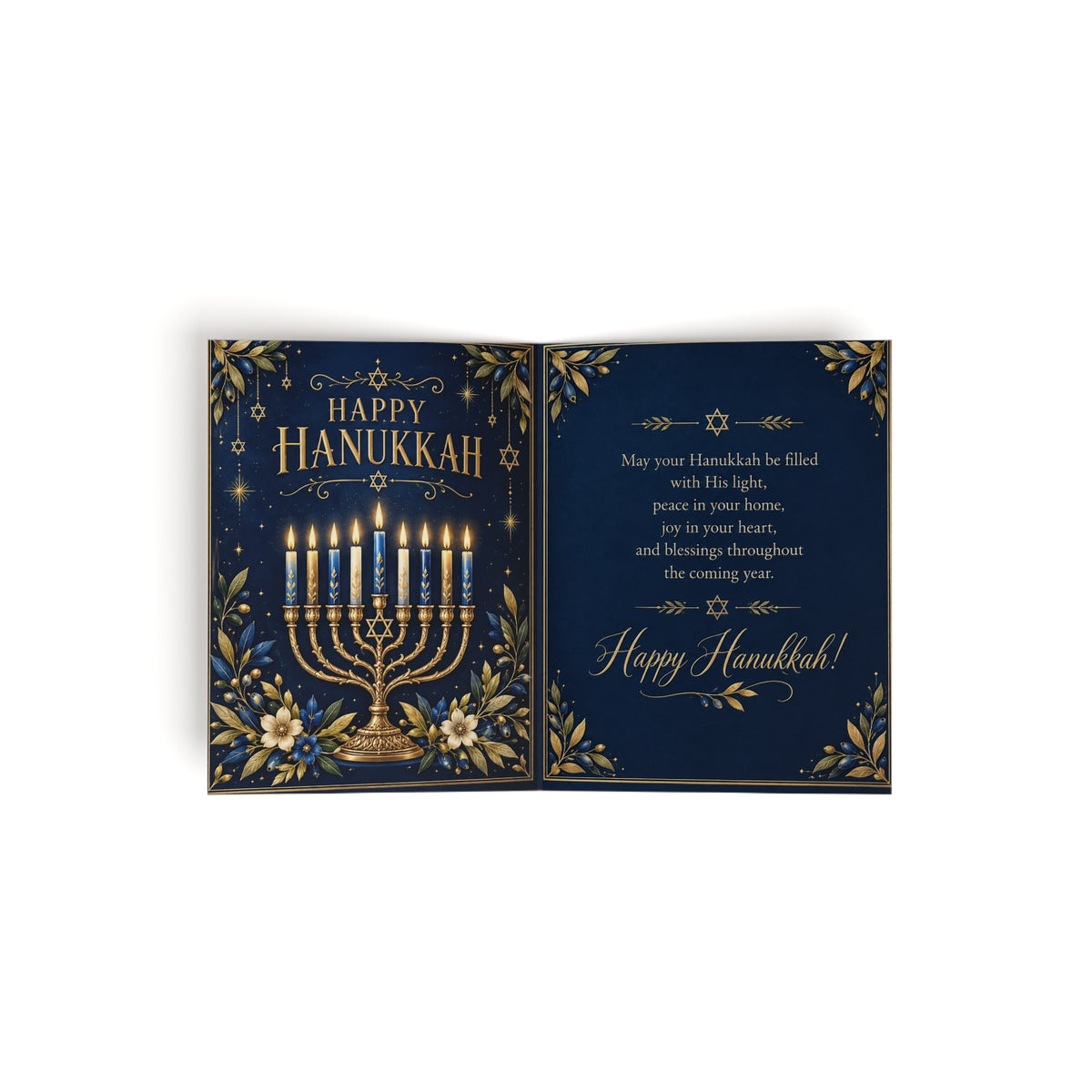 Happy Hanukkah Navy & Gold Menorah Card | Festival of Lights Greeting Card (8, 16, and 24 pcs)