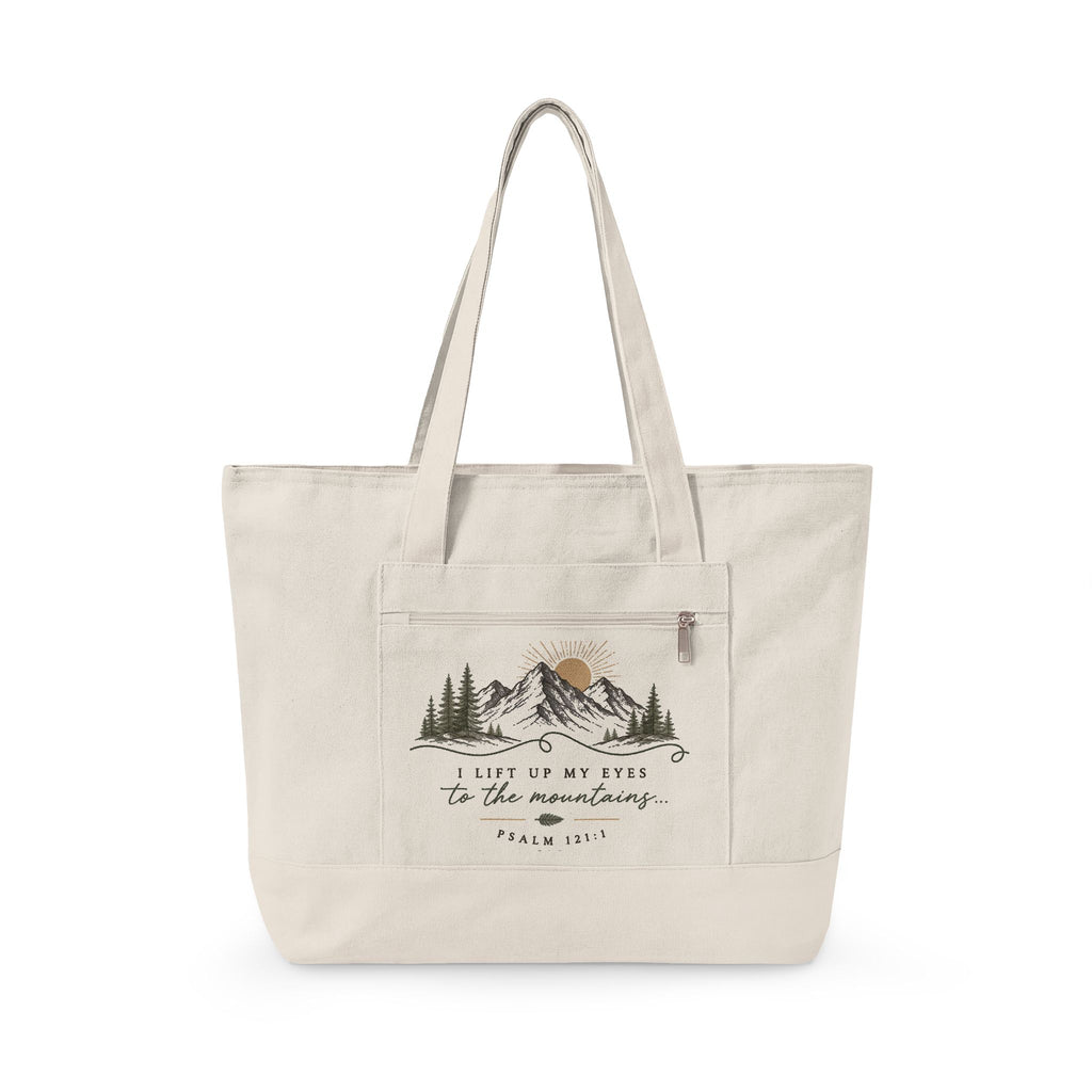 Canvas Tote Bag — Mountain Adventure Zip Tote with Sunrise Peak Design