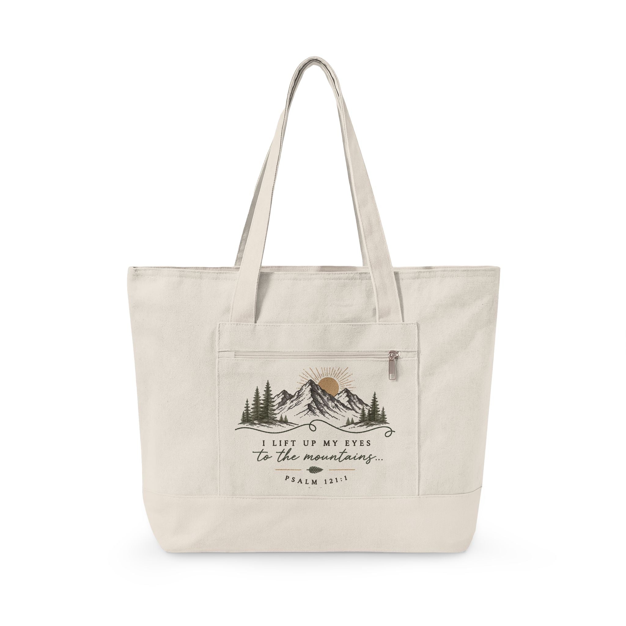 Canvas Tote Bag — Mountain Adventure Zip Tote with Sunrise Peak Design