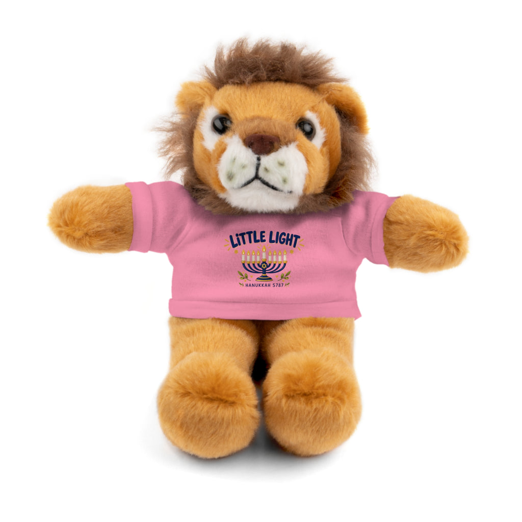 Plush lion toy wearing a pink shirt with a logo on a white background