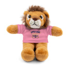 Plush lion toy wearing a pink shirt with a logo on a white background
