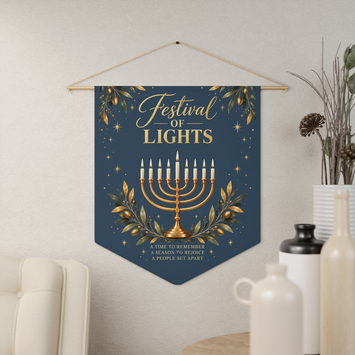 Festival of Lights Hanukkah Wall Pennant | Hanukkiah Menorah Decor | Blue & Gold Holiday Banner