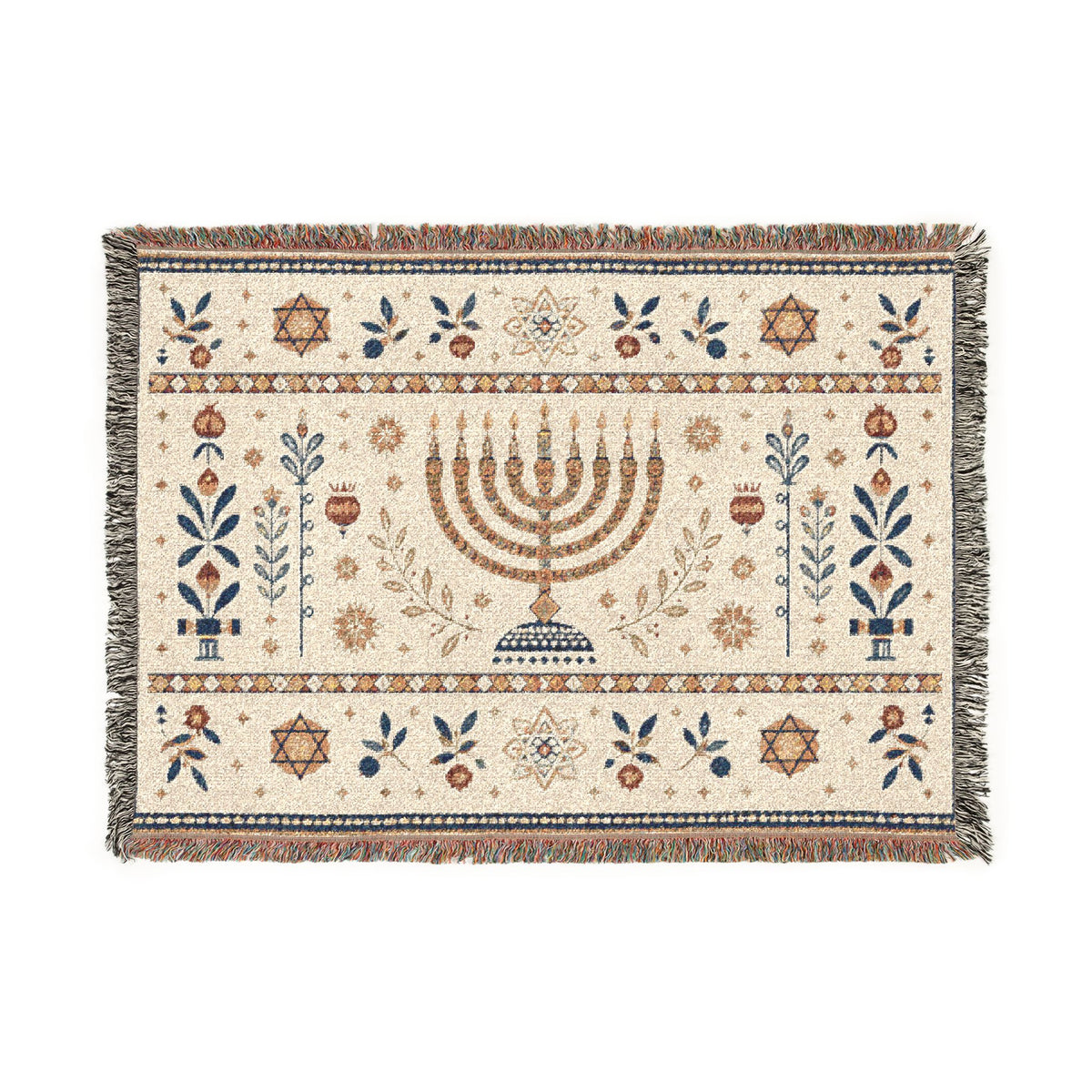 A rectangular woven tapestry rug with a central menorah motif and decorative floral and geometric borders, shown flat against a plain white background.