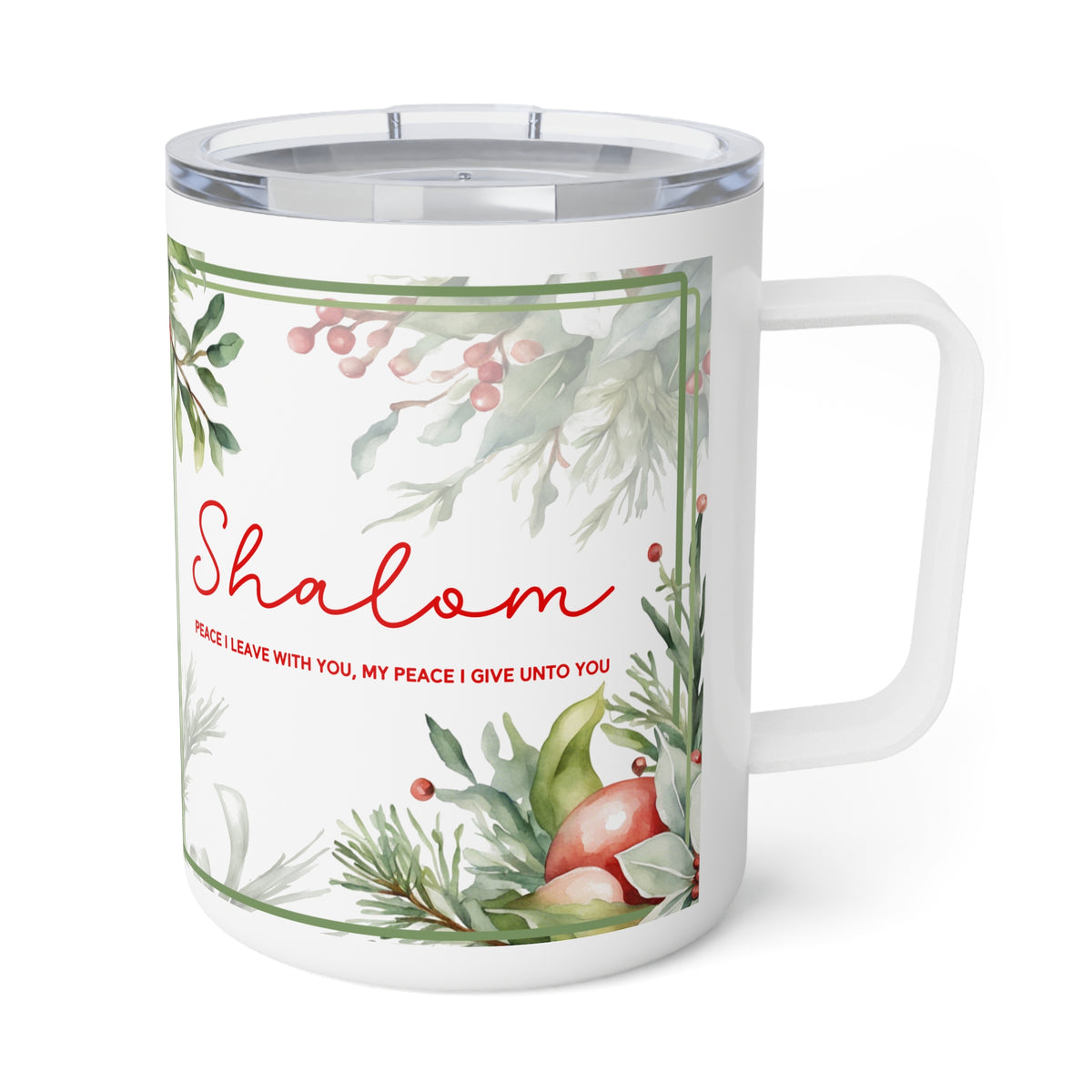 A white insulated travel mug with a clear lid, featuring a festive watercolor holiday design with green leaves, red berries, pine branches, and the word 'Shalom' in red script.