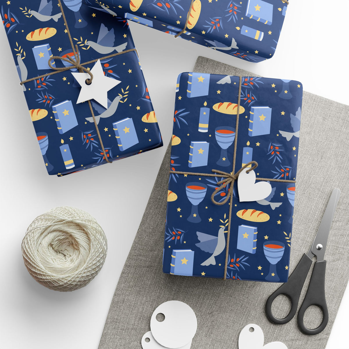 Judaica Gift Wrap with Challah, Kiddush Cup, Doves & Olive Branches