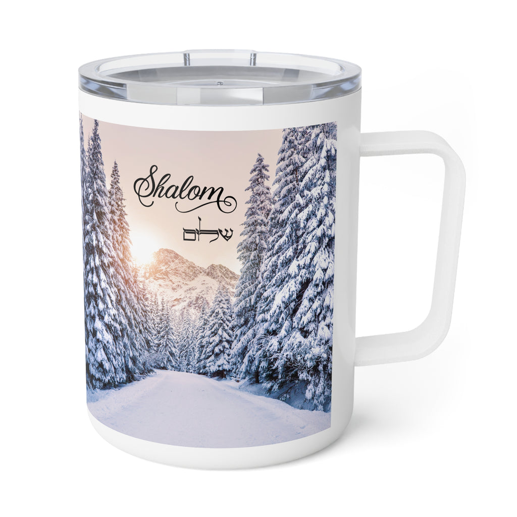 A white stainless steel  travel mug with a clear plastic lid, featuring a printed winter landscape design of a snow-covered forest and mountains with the word 'Shalom' in black script.