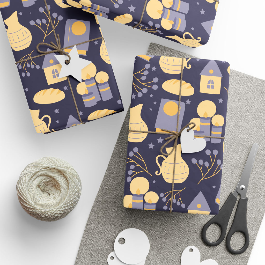 Shabbat Wrapping Paper | Elegant Navy & Gold Judaica Gift Wrap with Candles, Challah, Stars |