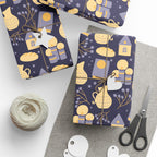 Shabbat Wrapping Paper | Elegant Navy & Gold Judaica Gift Wrap with Candles, Challah, Stars |