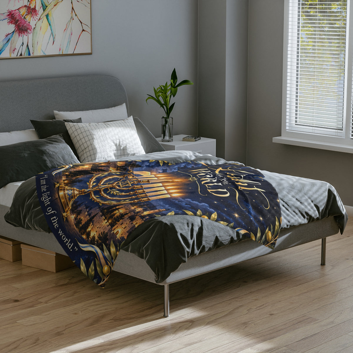 Yeshua Light of the World Hanukkah Blanket – John 8:12 Messianic Velveteen Throw | Festival of Lights Gift