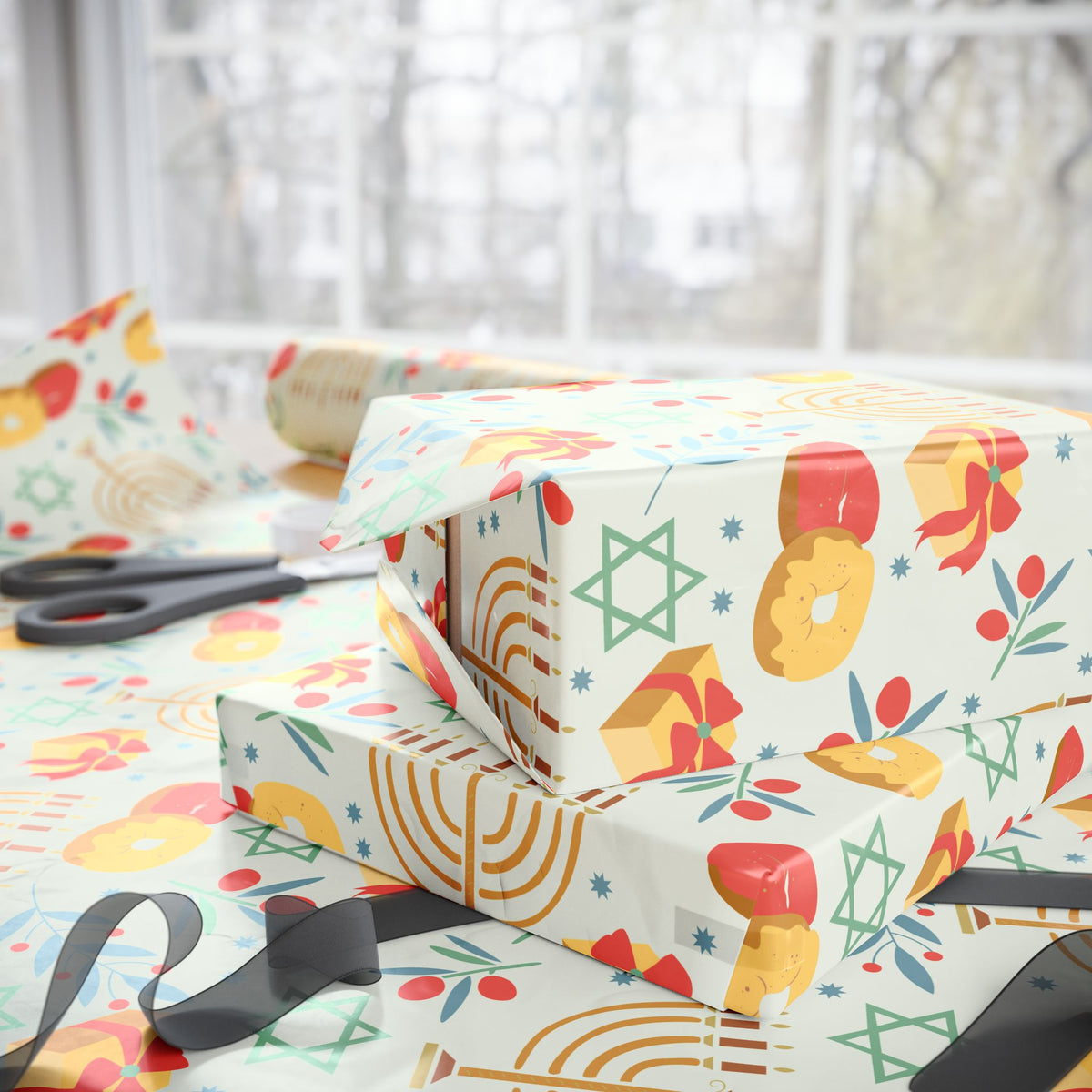 Hanukkah Wrapping Paper - Cream Judaica Gift Wrap with Menorahs & Olive Branches
