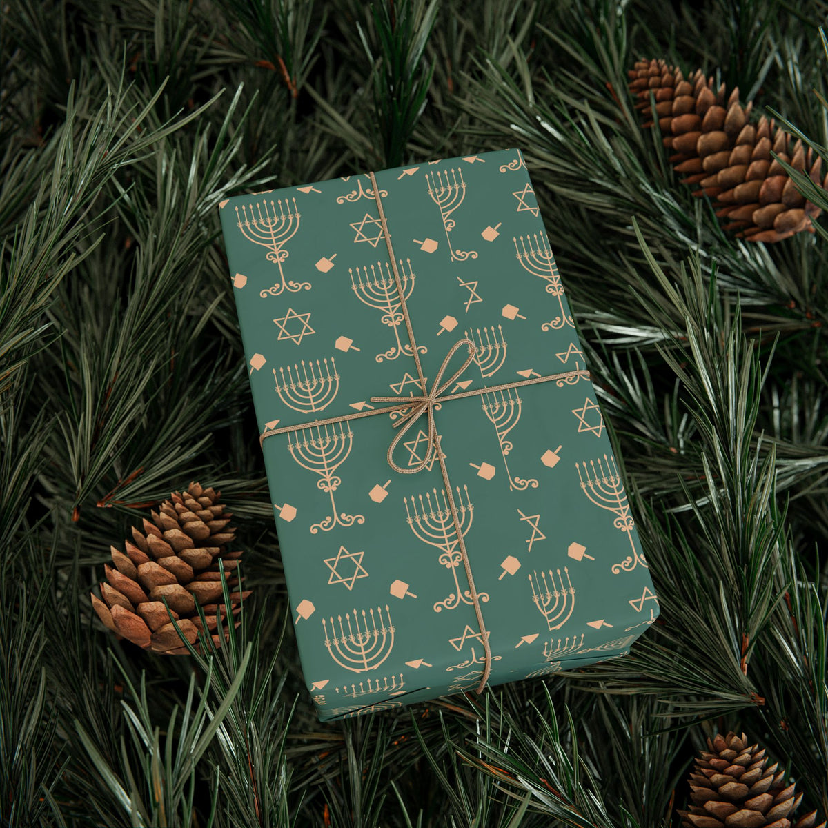 Menorah & Star of David Wrapping Paper | Green & Gold Holiday Gift Wrap