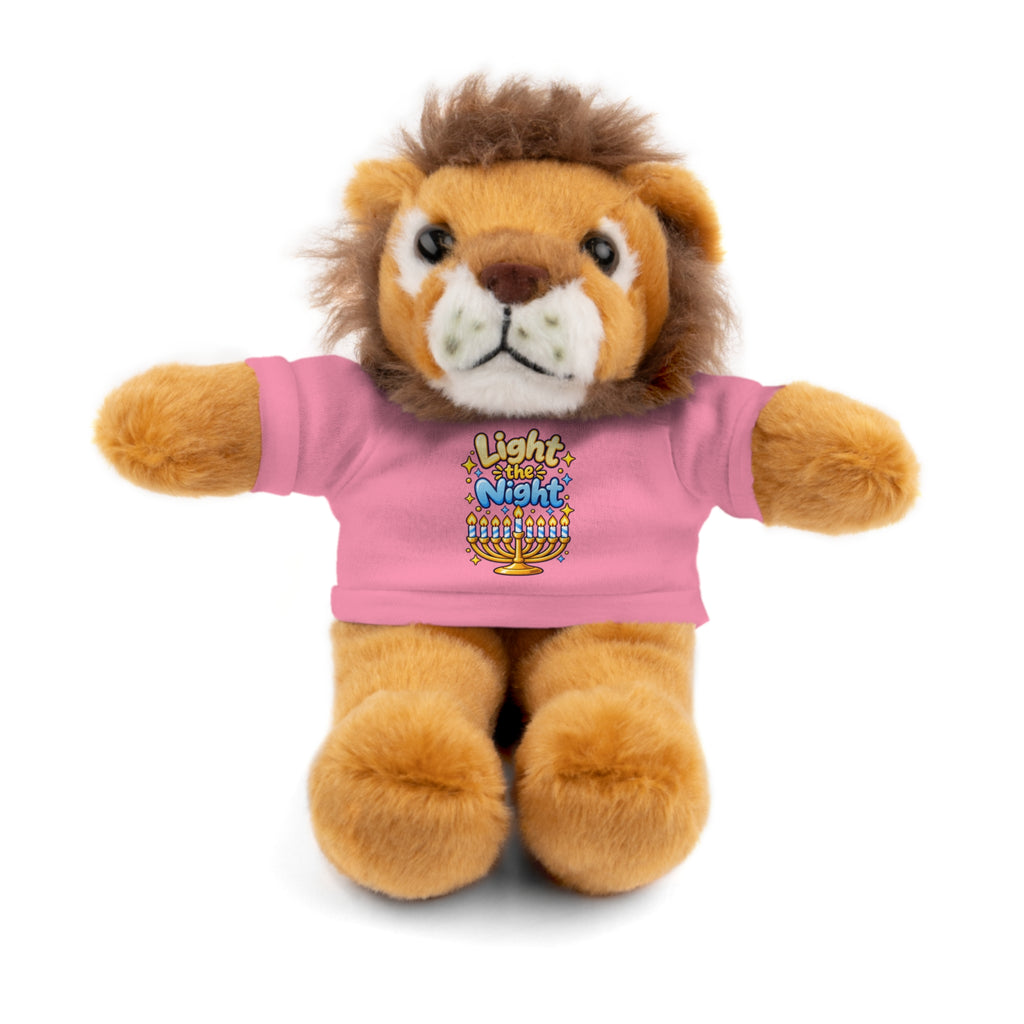Plush lion toy wearing a pink shirt with text on a white background