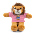 Plush lion toy wearing a pink shirt with text on a white background
