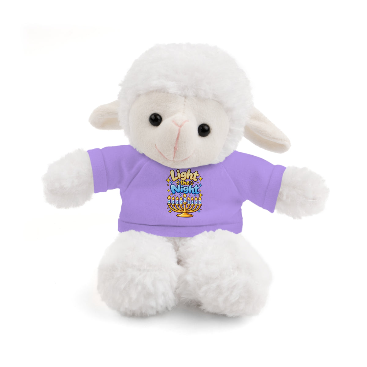 White plush lamb toy wearing a purple shirt with text on a white background