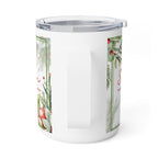A white insulated travel mug with a clear lid and a vertical handle, featuring a watercolor-style botanical design with green leaves, red berries, and red script text on the sides.
