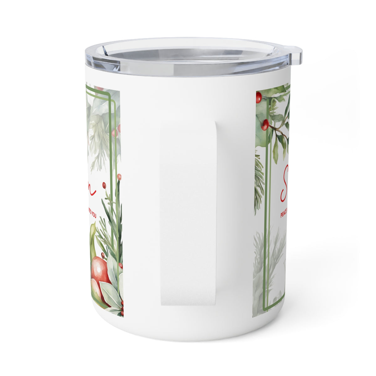 A white insulated travel mug with a clear lid and a vertical handle, featuring a watercolor-style botanical design with green leaves, red berries, and red script text on the sides.