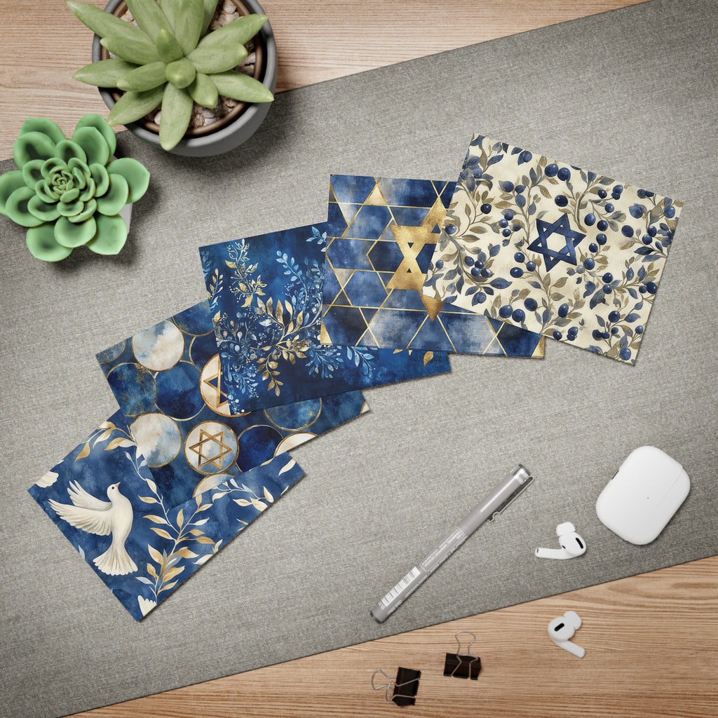 Greeting Card Set of 5 - Elegant Blue & Gold Star of David, Olive Branch, and Dove Notecards with Envelopes