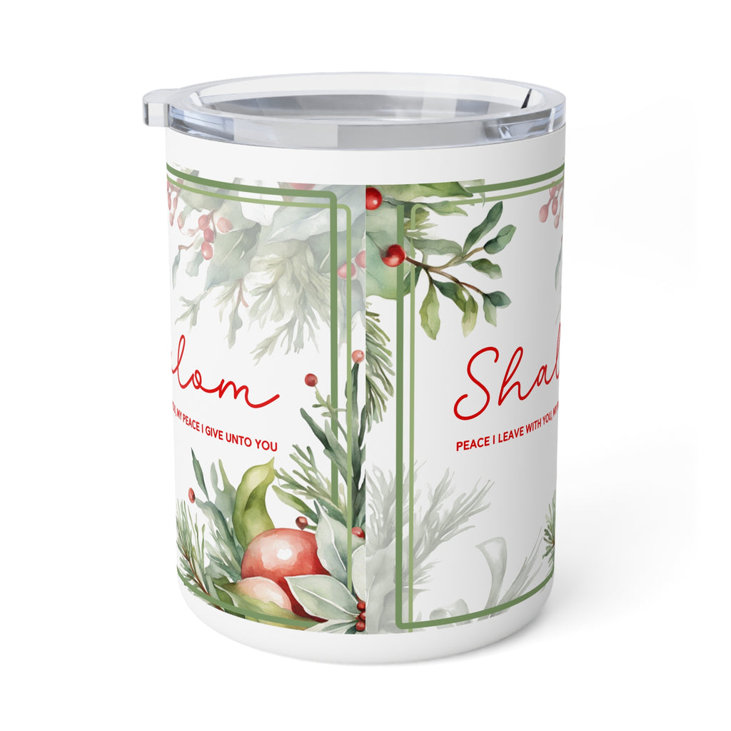 A white insulated tumbler with a clear lid, decorated with a watercolor winter botanical design featuring green pine branches, red berries, and red script text on a white background.