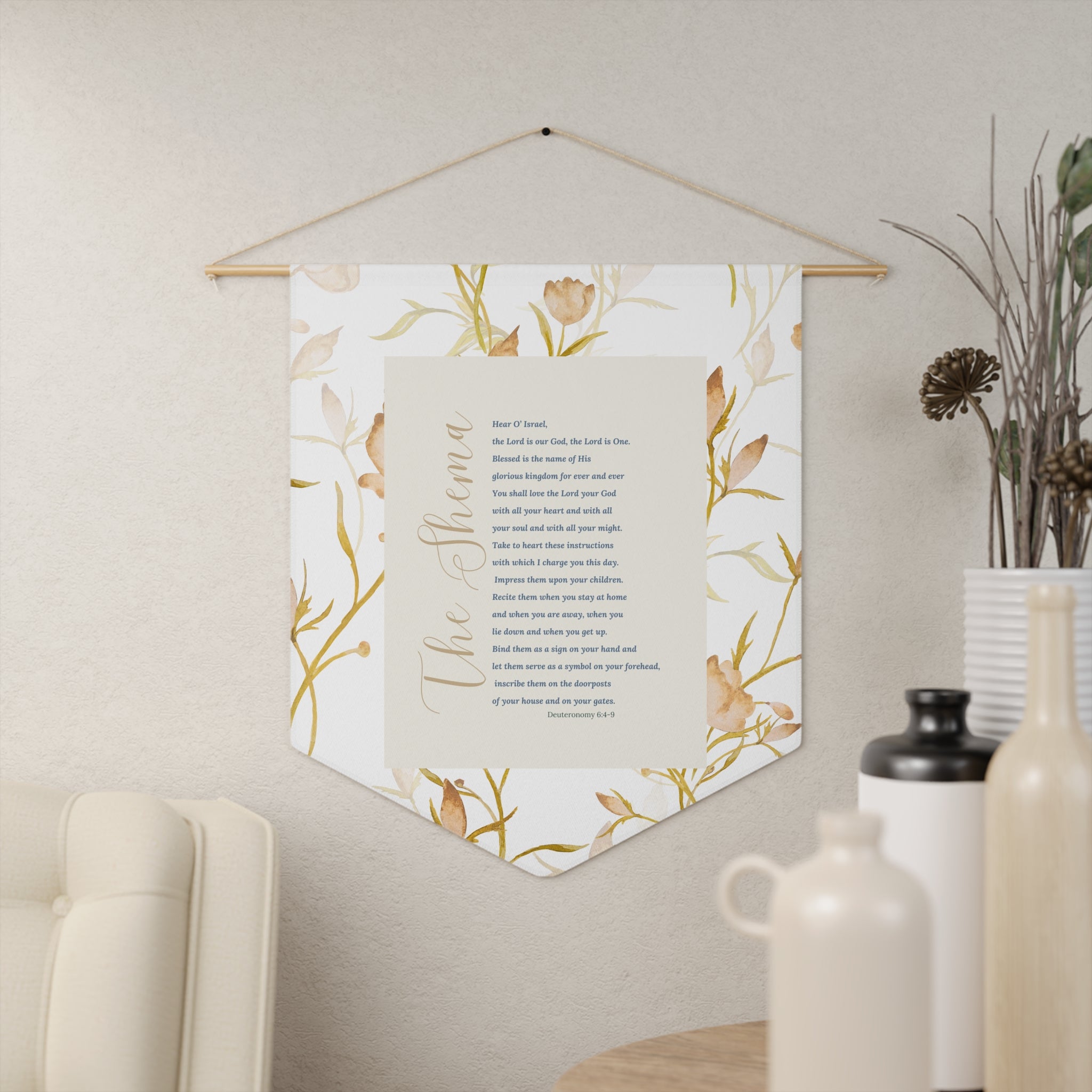 The Shema | Deuteronomy 6:4–9 Floral Wall Pennant