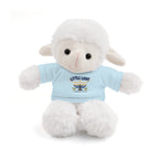 A white plush lamb toy wearing a light blue t-shirt with a 'Little Light Shined Before' menorah graphic, set against a plain white background.