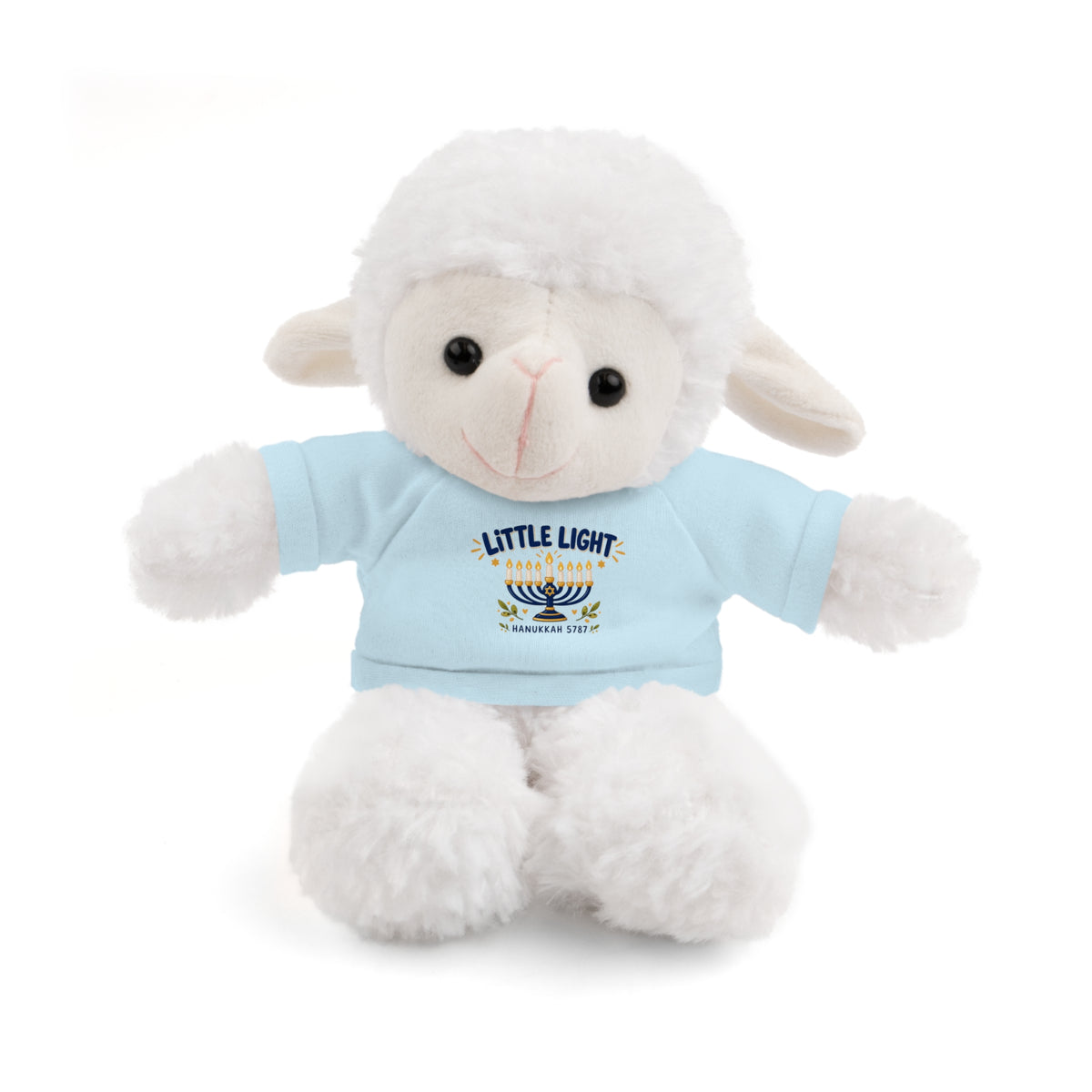 A white plush lamb toy wearing a light blue t-shirt with a 'Little Light Shined Before' menorah graphic, set against a plain white background.