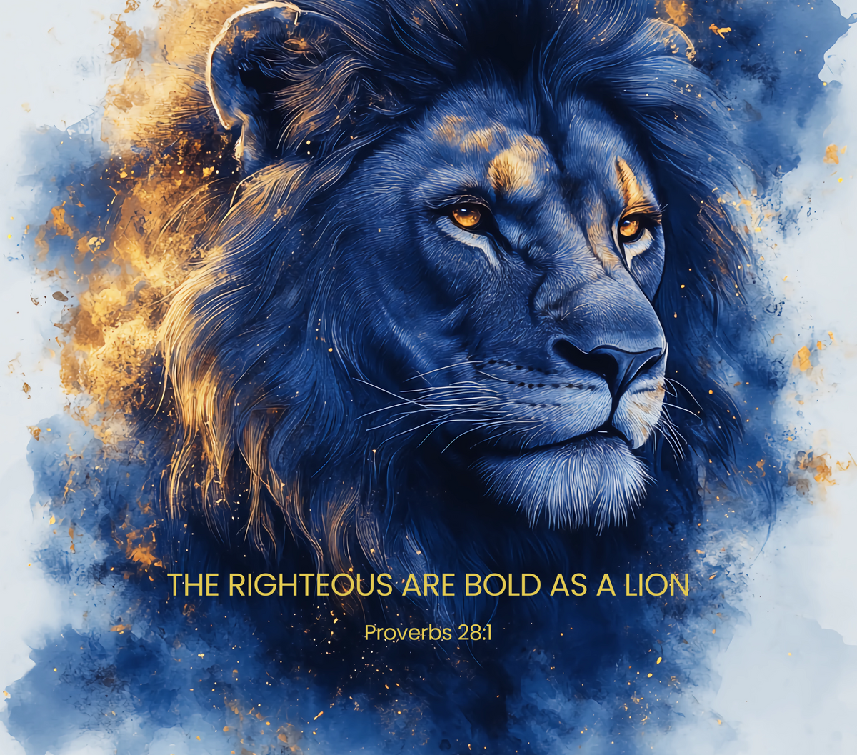 A stylized blue lion portrait with gold highlights and the text 'THE RIGHTEOUS ARE BOLD AS A LION' and 'Proverbs 28:1' on a blue-and-white textured background.