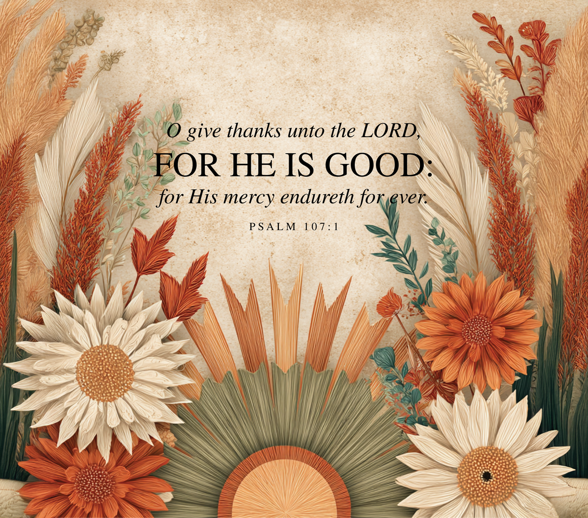 A square decorative print or poster featuring a Bible verse from Psalm 107:1 in black serif text over a warm beige textured background, surrounded by autumn-style dried grasses, leaves, and large white and orange flowers.