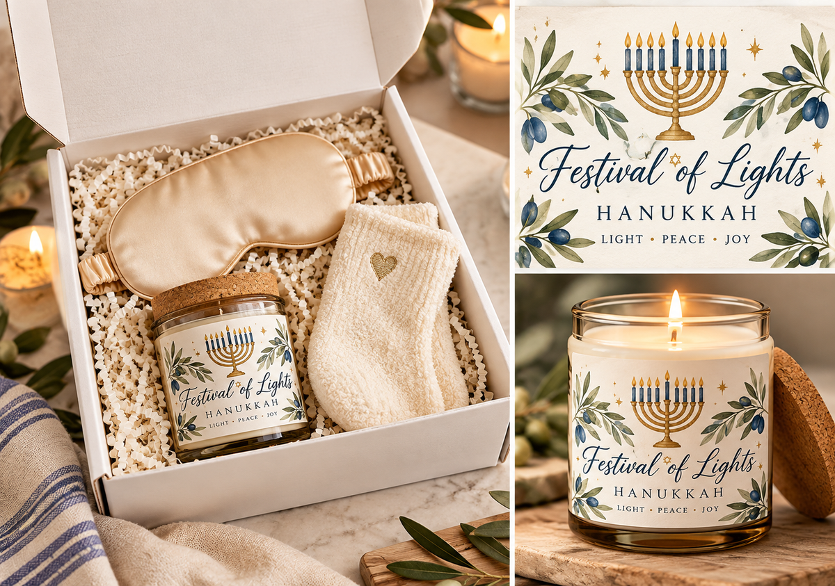 Hanukkah Self-Care Gift Set for Her – Soy Candle, Satin Sleep Mask & Cozy Socks | Festival of Lights Gift Box