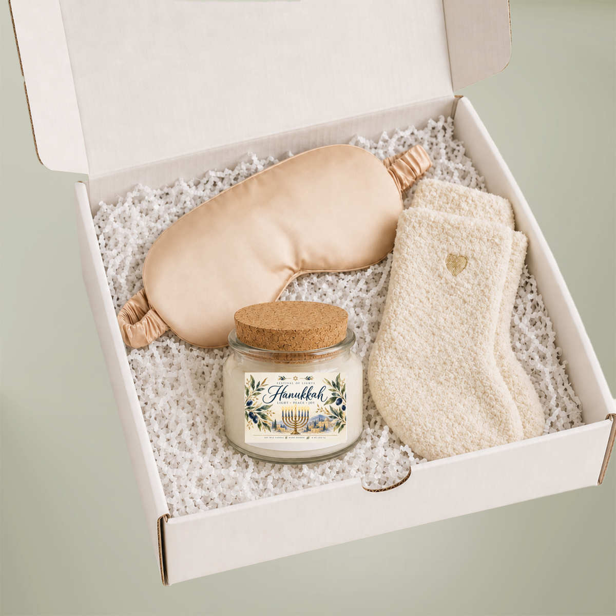 Hanukkah Self-Care Gift Set for Her – Soy Candle, Satin Sleep Mask & Cozy Socks | Festival of Lights Gift Box