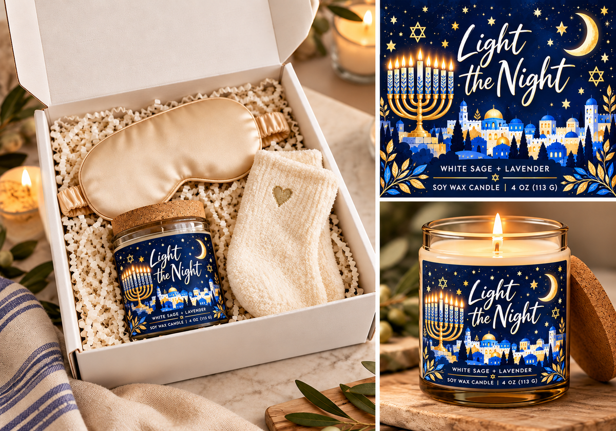 Light the Night Hanukkah Gift Set for Her – Soy Candle, Satin Sleep Mask & Cozy Socks | Festival of Lights Self-Care Gift Box