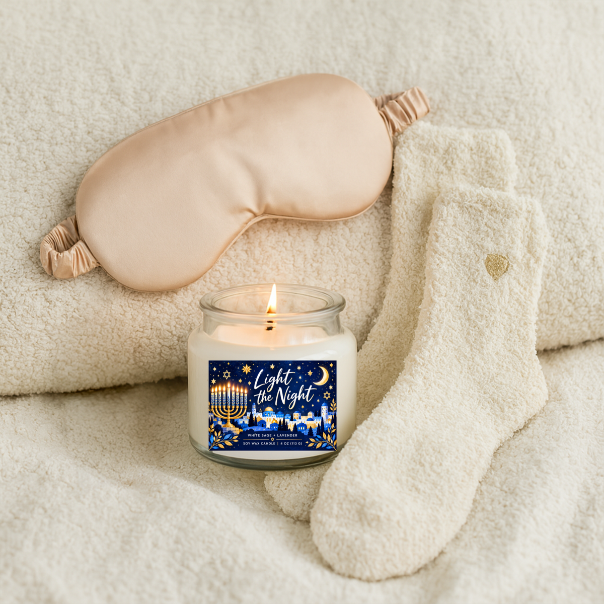 Light the Night Hanukkah Gift Set for Her – Soy Candle, Satin Sleep Mask & Cozy Socks | Festival of Lights Self-Care Gift Box