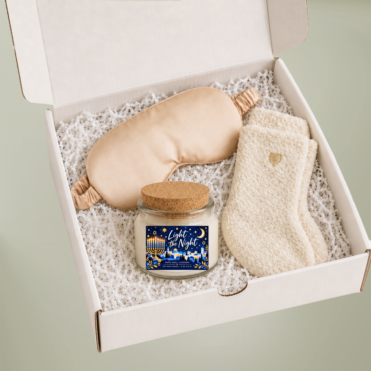 Light the Night Hanukkah Gift Set for Her – Soy Candle, Satin Sleep Mask & Cozy Socks | Festival of Lights Self-Care Gift Box