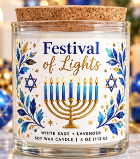 Festival of Lights Hanukkah Gift Set for Her – Soy Candle, Satin Sleep Mask & Cozy Socks | Hanukkah Self-Care Gift Box