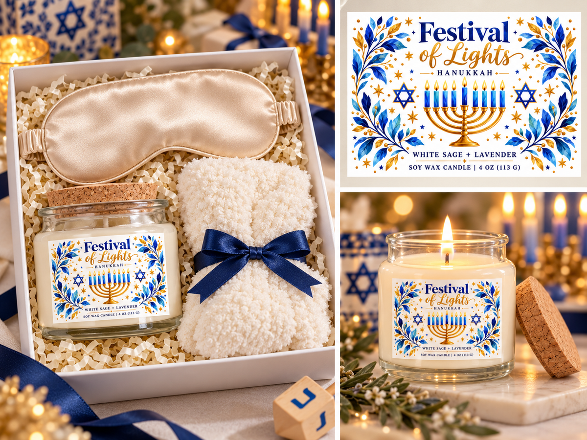 Festival of Lights Hanukkah Gift Set for Her – Soy Candle, Satin Sleep Mask & Cozy Socks | Hanukkah Self-Care Gift Box