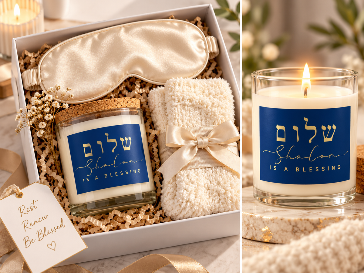 Shalom Is a Blessing Gift Set for Her – Soy Candle, Satin Sleep Mask & Cozy Socks | Birthday, Coworker & Hanukkah Gift