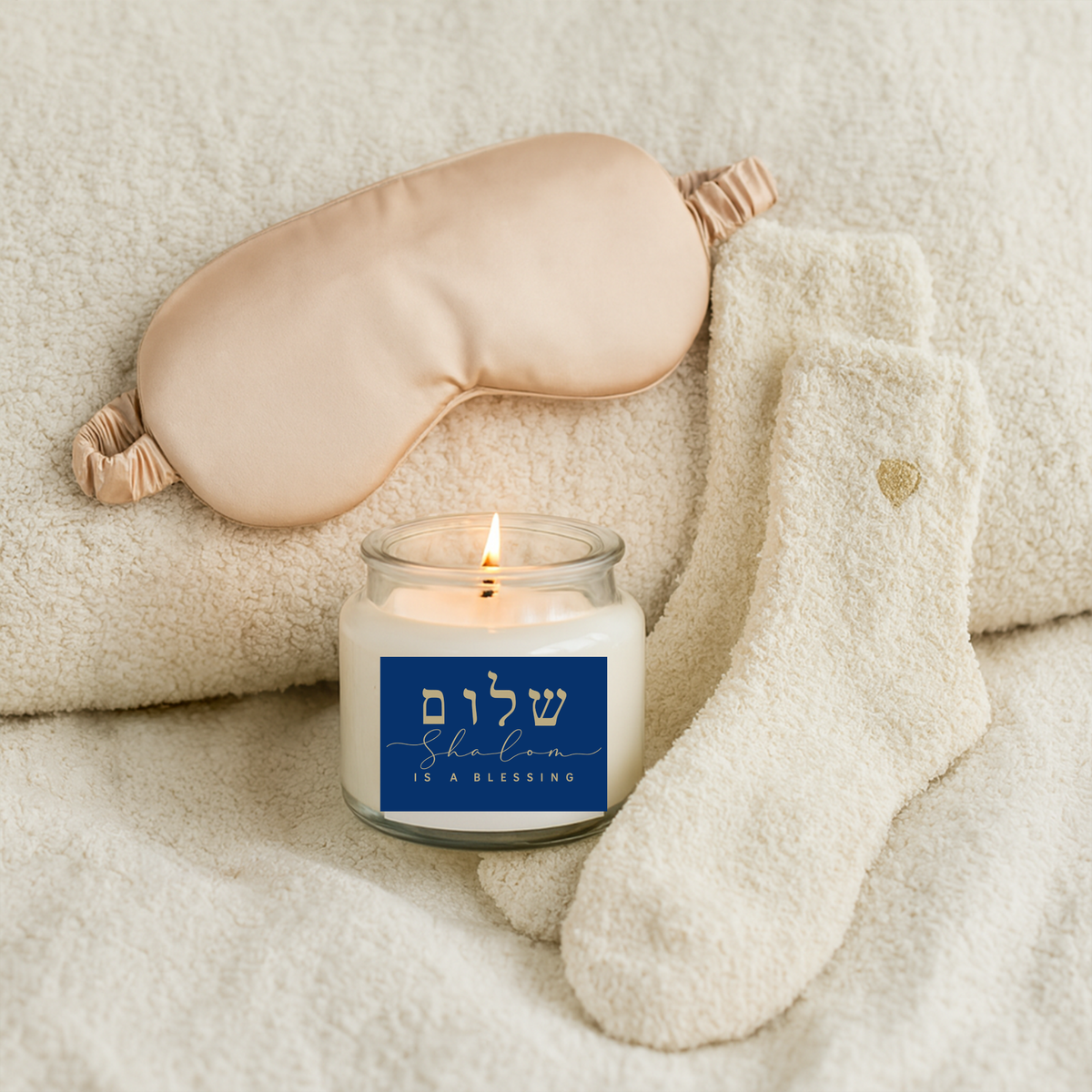 Shalom Is a Blessing Gift Set for Her – Soy Candle, Satin Sleep Mask & Cozy Socks | Birthday, Coworker & Hanukkah Gift