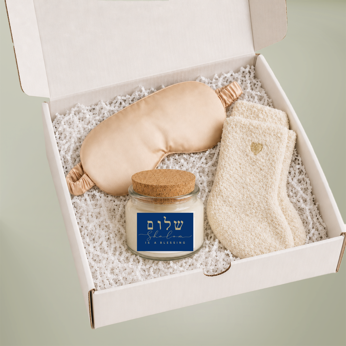 Shalom Is a Blessing Gift Set for Her – Soy Candle, Satin Sleep Mask & Cozy Socks | Birthday, Coworker & Hanukkah Gift