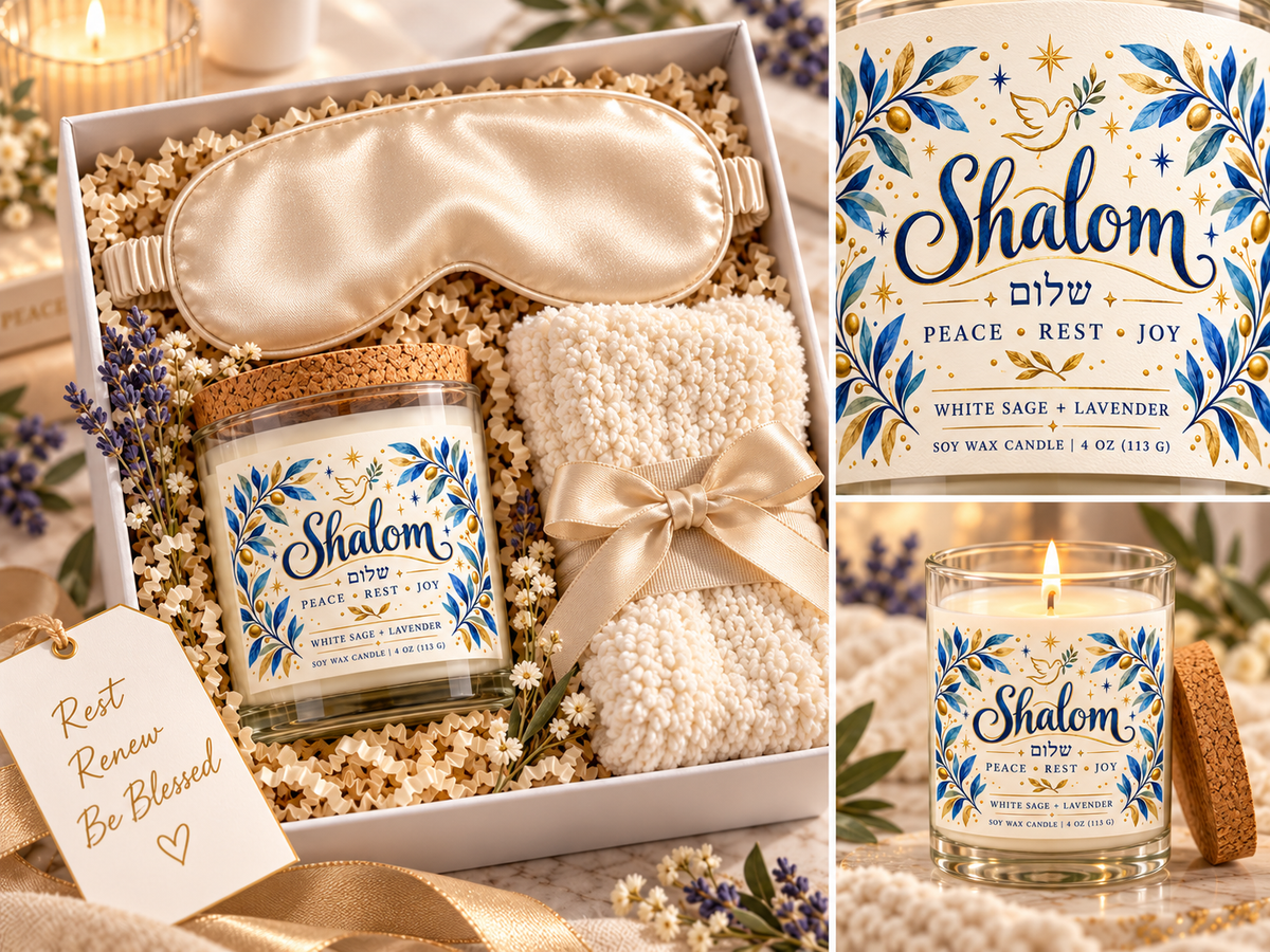 Shalom Gift Set for Her – Soy Candle, Satin Sleep Mask & Cozy Socks | Peace, Rest & Joy Birthday, Coworker & Hanukkah Gift