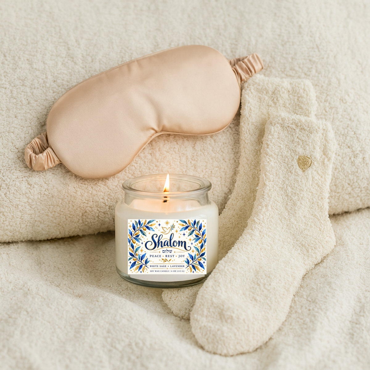 Shalom Gift Set for Her – Soy Candle, Satin Sleep Mask & Cozy Socks | Peace, Rest & Joy Birthday, Coworker & Hanukkah Gift