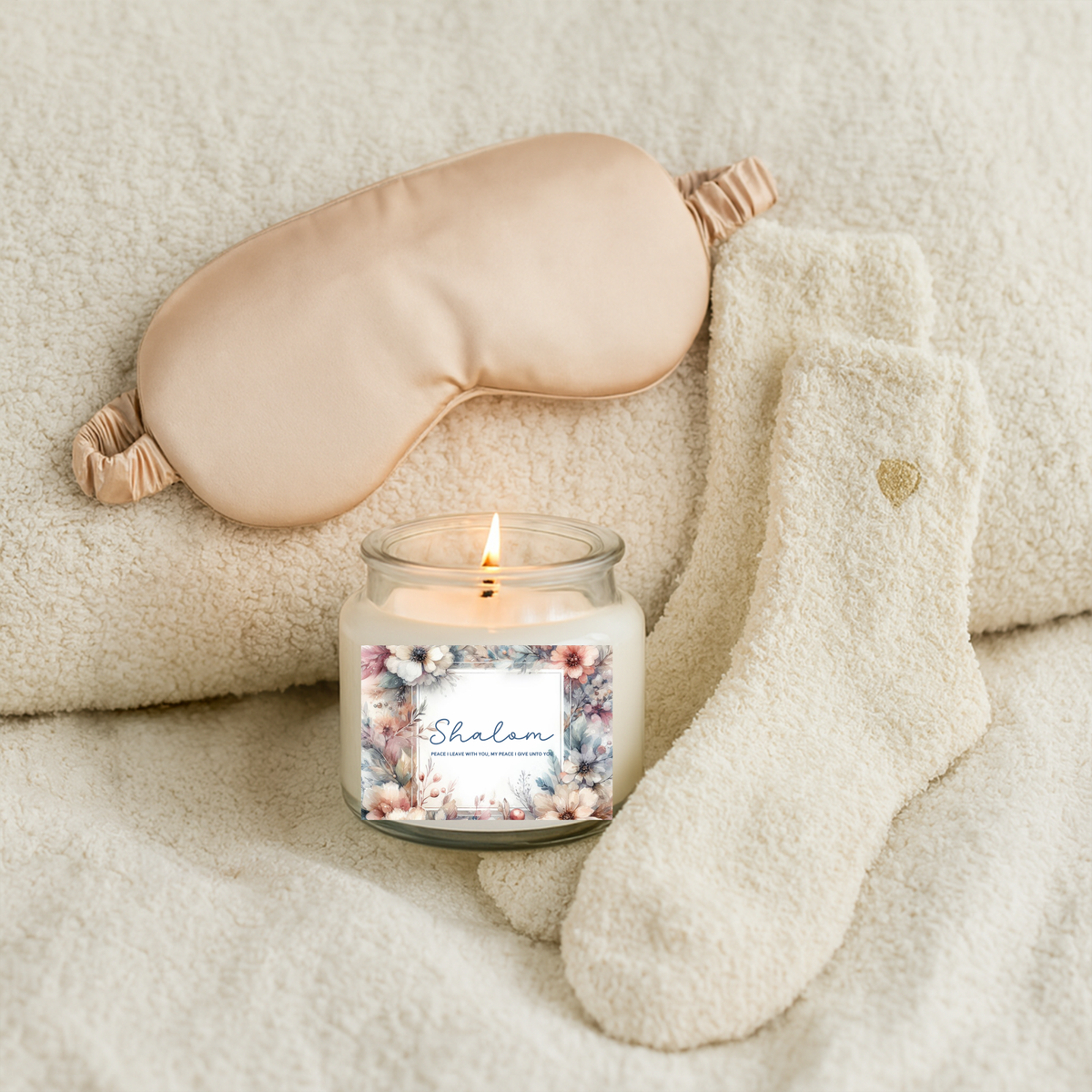 Shalom Peace Gift Set for Her – Soy Candle, Satin Sleep Mask & Cozy Socks | Birthday, Encouragement & Hanukkah Gift