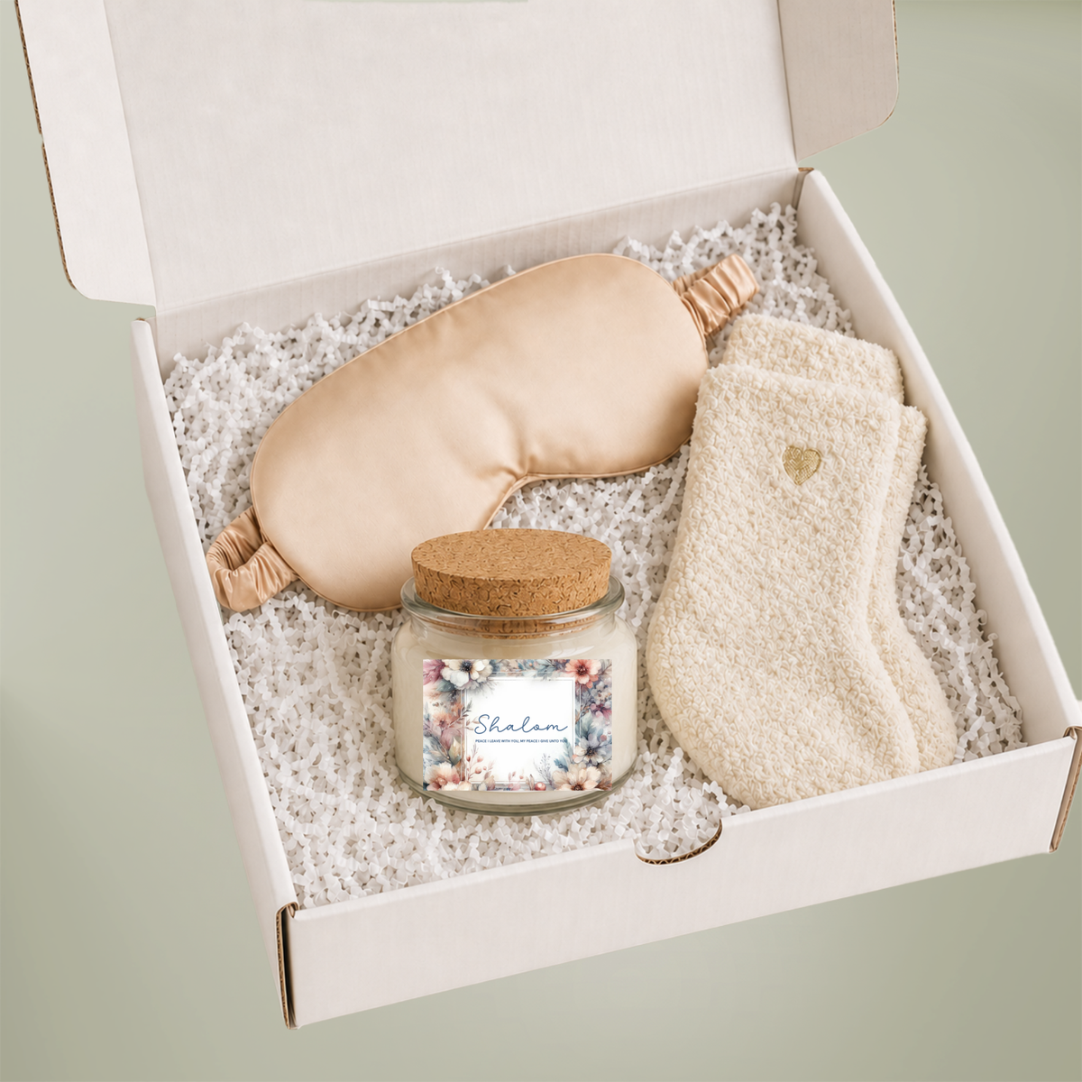 Shalom Peace Gift Set for Her – Soy Candle, Satin Sleep Mask & Cozy Socks | Birthday, Encouragement & Hanukkah Gift