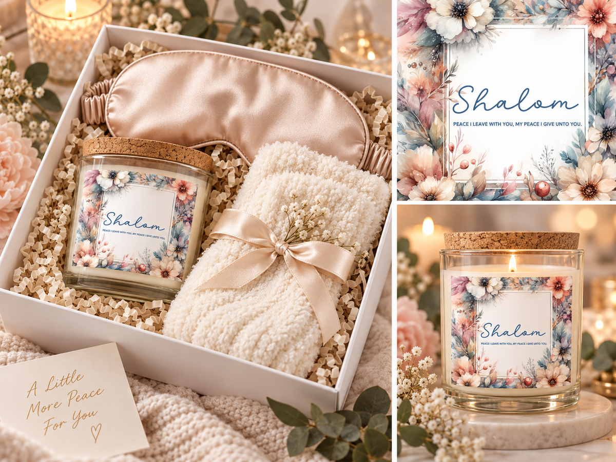 Shalom Peace Gift Set for Her – Soy Candle, Satin Sleep Mask & Cozy Socks | Birthday, Encouragement & Hanukkah Gift