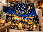 Light the Night Hanukkah Blanket – Navy & Gold Festival of Lights Velveteen Throw | Jerusalem-Inspired Menorah Gift