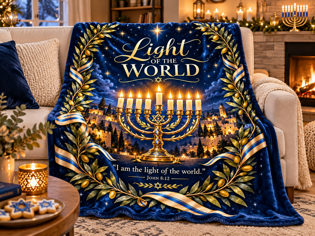 Yeshua Light of the World Hanukkah Blanket – John 8:12 Messianic Velveteen Throw | Festival of Lights Gift