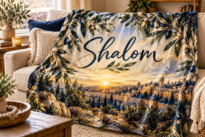 A personalized blanket draped over a beige sofa in a cozy living room. The blanket features a scenic Jerusalem landscape at sunset with the word 'Shalom' written in elegant navy script across the center, framed by olive branches.