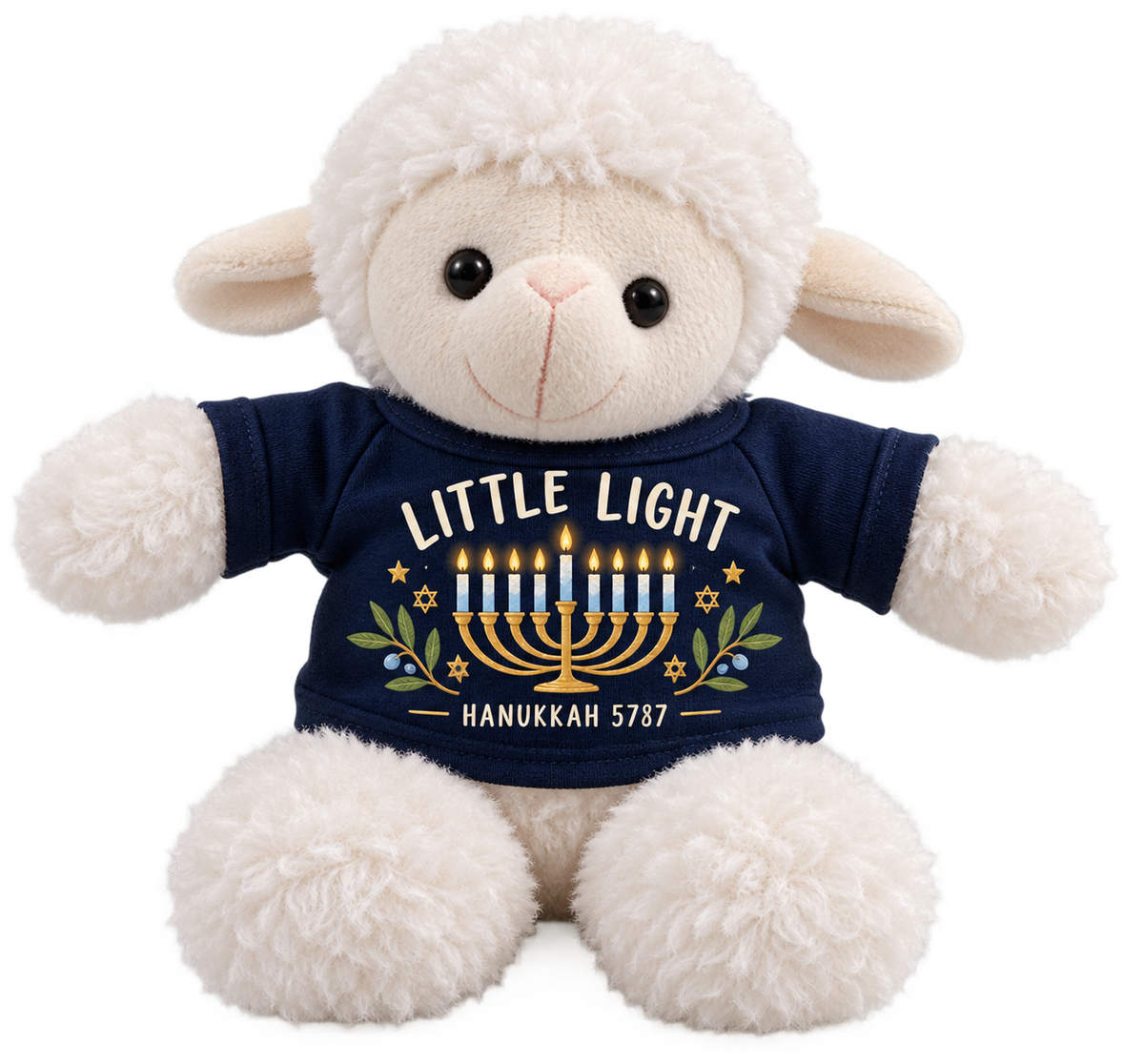 A plush white sheep toy wearing a navy blue shirt with a Hanukkah graphic that reads 'LITTLE LIGHT' and 'HANUKKAH 5787' with a gold menorah and blue candles.